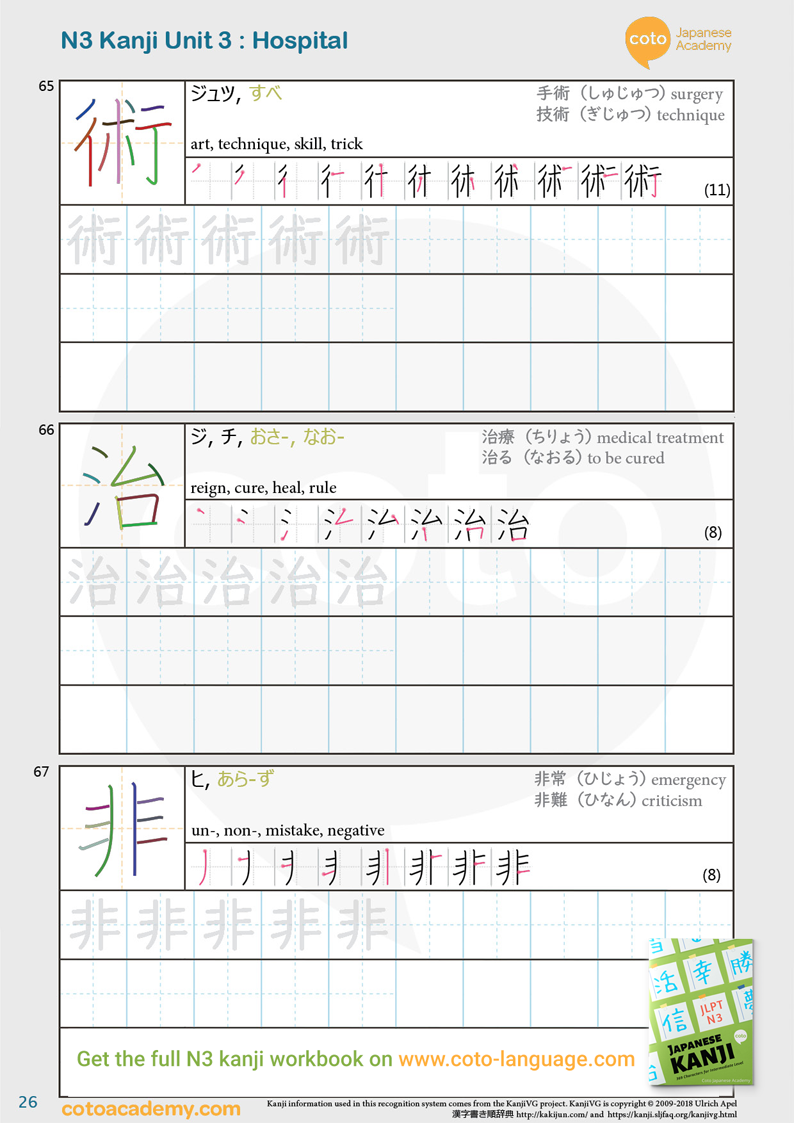 JLPT N3 kanji practice workbook street hospital sick
