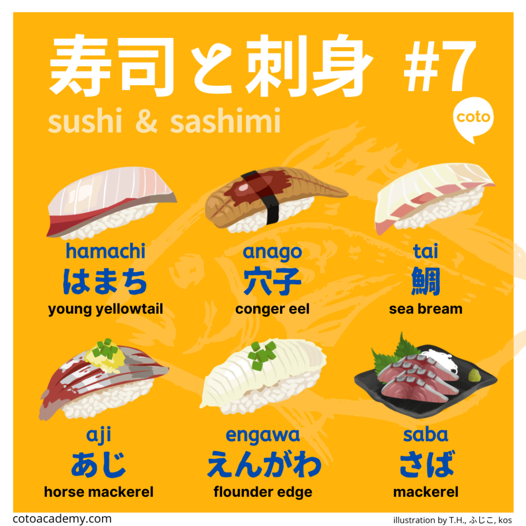 sushi and sashimi various Japanese fish names